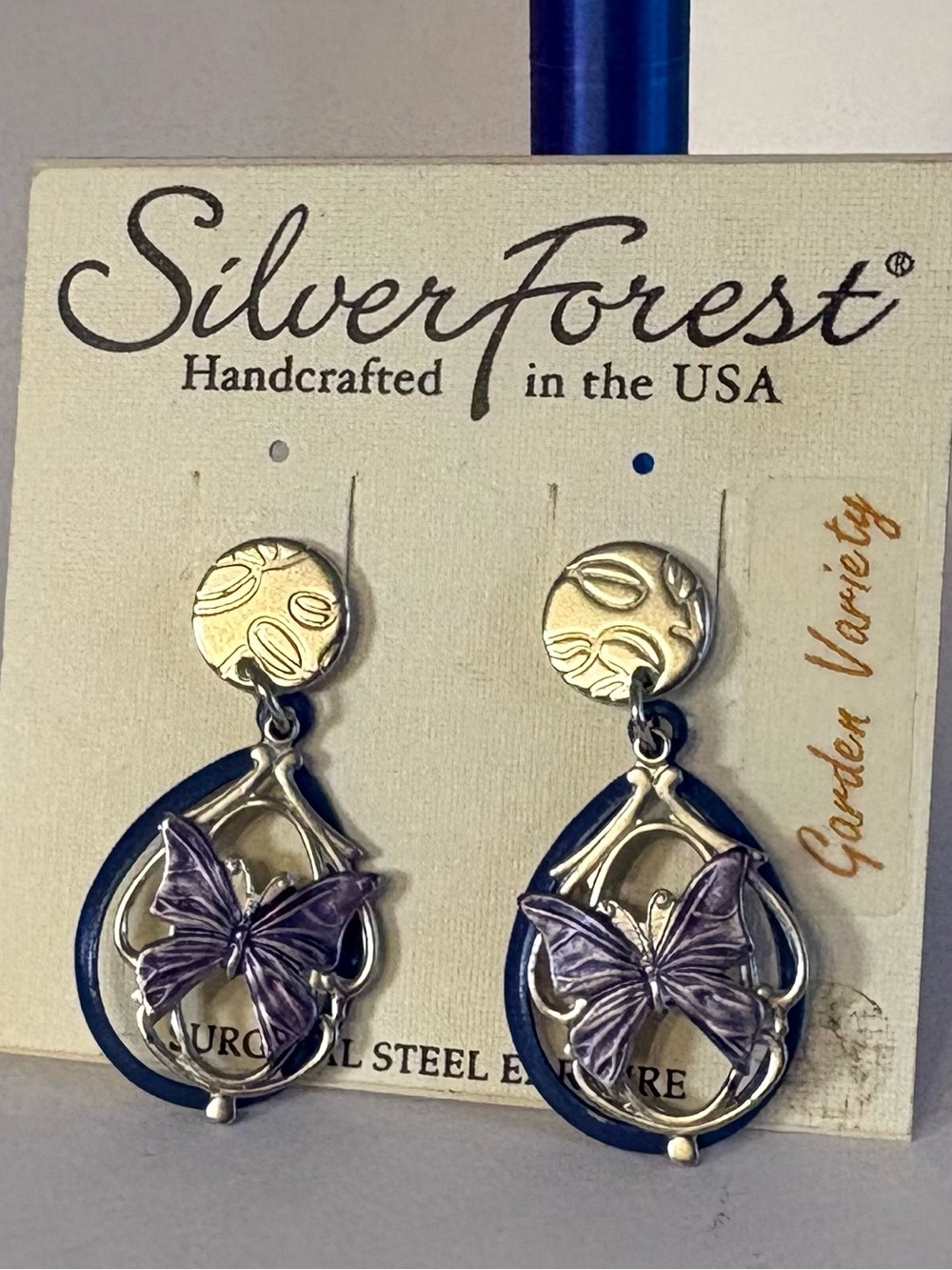 Silver Forest Silver and Purple Butterfly Drop Earrings made in USA
